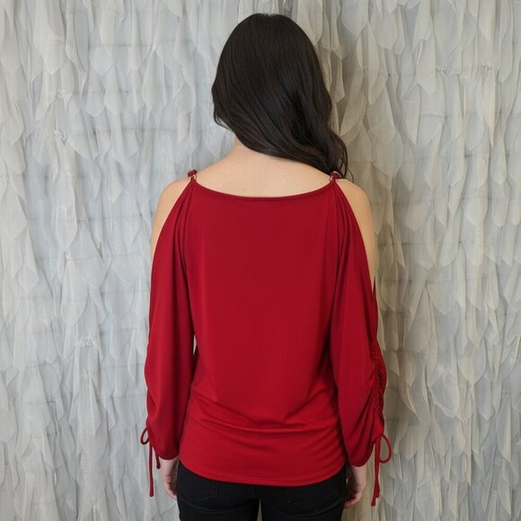 Michael Michael Kors Red Cold Shoulder Chain Detail Blouse – Women's Size M - Picture 3 of 5